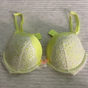 Victoria Secret Light Neon Yellow/Green Bra with white lace, bedazzled 34C